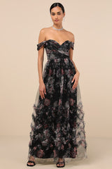 Ideal Beauty Black Floral Mesh Off-the-Shoulder Maxi Dress
