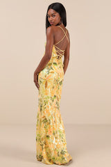 Glittering Icon Yellow Iridescent Sequin Lace-Up Maxi Dress