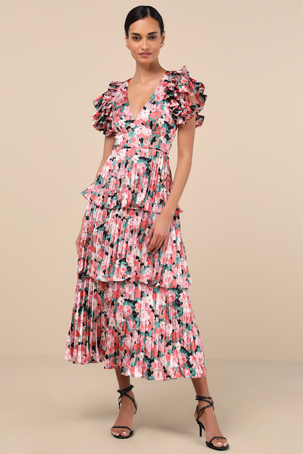 Stunning Desire Pink Floral Satin Pleated Tiered Midi Dress