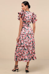 Stunning Desire Pink Floral Satin Pleated Tiered Midi Dress