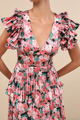 Stunning Desire Pink Floral Satin Pleated Tiered Midi Dress