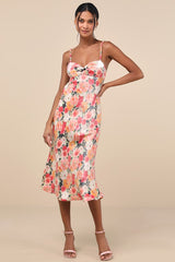 Sensational Spirit Peach Multi Floral Satin Tie-Back Midi Dress