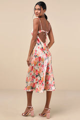 Sensational Spirit Peach Multi Floral Satin Tie-Back Midi Dress