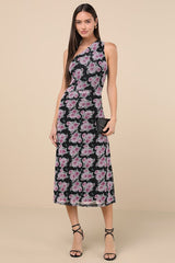 Outstanding Mood Black Floral Slinky Knit One-Shoulder Dress