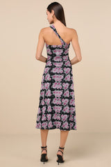Outstanding Mood Black Floral Slinky Knit One-Shoulder Dress