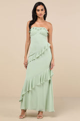 Dramatic Allure Sage Green Ruffled Cutout Strapless Maxi Dress