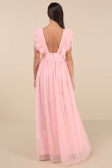 Simply Delighted Pink Mesh Ruffled Backless Maxi Dress