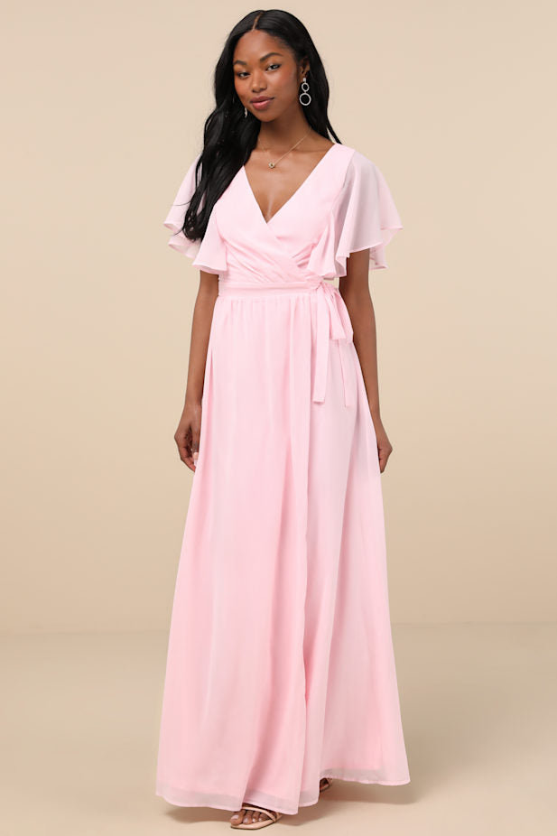 Convincing Grace Light Blush Flutter Sleeve Wrap Maxi Dress