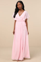 Convincing Grace Light Blush Flutter Sleeve Wrap Maxi Dress