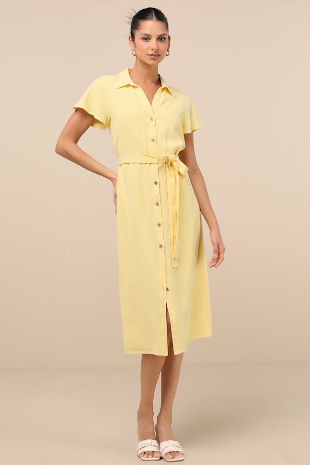 Italian Summer Light Yellow Linen Button-Up Short Sleeve Dress