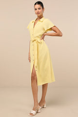 Italian Summer Light Yellow Linen Button-Up Short Sleeve Dress