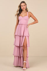 Sophisticated Occasion Pink Bustier Lace-Up Maxi Dress