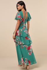 Midnight Mood Teal Green Floral Print Tiered Maxi Dress