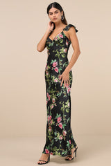Captivating Grace Black Floral Satin Ruffled Maxi Dress