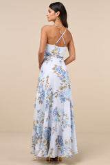 Oh-So Romantic Pale Blue Floral Print Sleeveless Wrap Maxi Dress