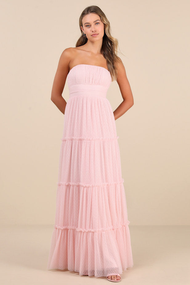Sweetness Light Pink Mesh Swiss Dot Tiered Maxi Dress