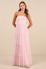 Sweetness Light Pink Mesh Swiss Dot Tiered Maxi Dress