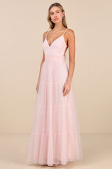 Liana Light Pink Swiss Dot Tulle Maxi Dress