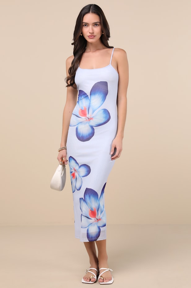Graciela Periwinkle Floral Mesh Bodycon Midi Dress