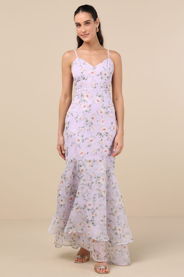 Pure Splendor Lavender Floral Organza Trumpet Maxi Dress