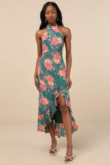 Elegant Entrance Teal Green Floral Print Halter Maxi Dress