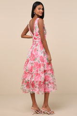 Perfectly Divine Pink Floral Tulle Tiered Ruffled Midi Dress