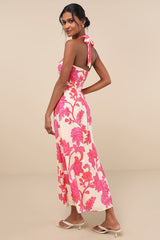 Layton Pink and Cream Floral Halter Maxi Dress