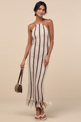 Hedia Beige Striped Crochet Halter Fringe Midi Dress