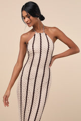 Hedia Beige Striped Crochet Halter Fringe Midi Dress