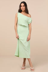 Casual Enchantment Mint Green Linen Off-the-Shoulder Midi Dress