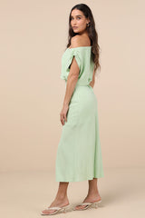Casual Enchantment Mint Green Linen Off-the-Shoulder Midi Dress