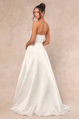 Khalida White Satin Pleated Strapless Gown