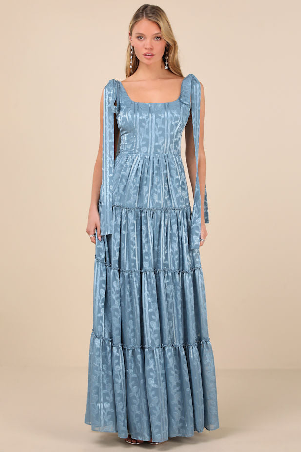 Picturesque Allure Slate Blue Jacquard Tie-Strap Maxi Dress