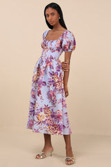 Adorable Tendencies Periwinkle Floral Puff Sleeve Midi Dress