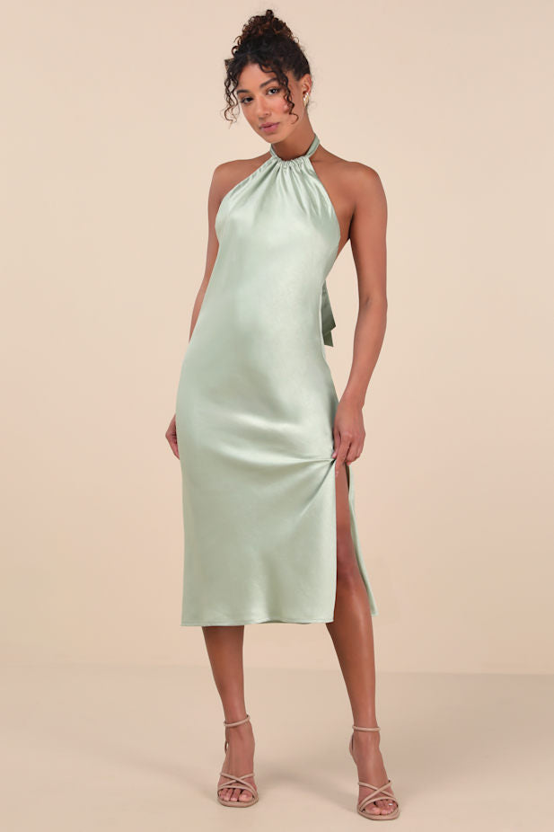 Angelique Sage Satin Backless Halter Midi Dress