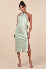 Angelique Sage Satin Backless Halter Midi Dress