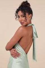 Angelique Sage Satin Backless Halter Midi Dress