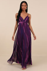 Lovely Boldness Purple Multi Watercolor Pleated Maxi Dress