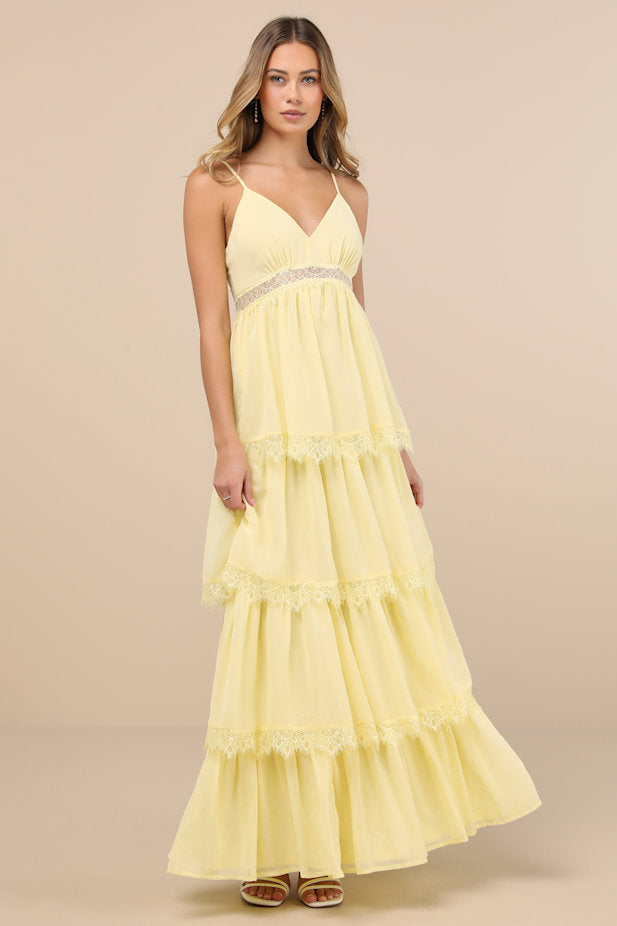 Reed Light Yellow Tiered Lace Maxi Dress