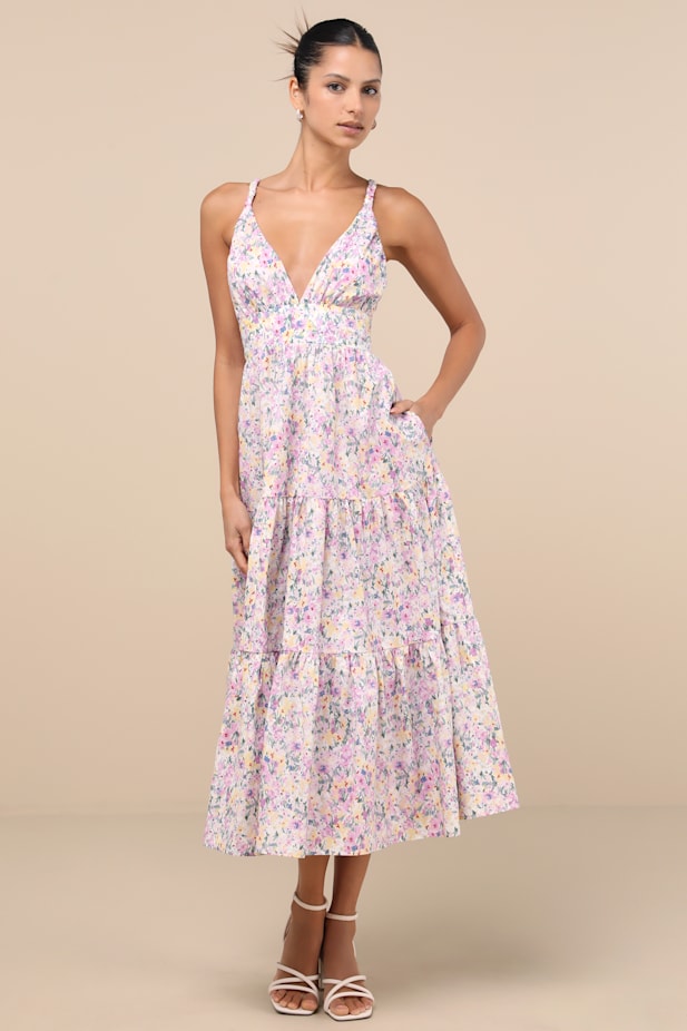 Brightly Blossoming Pink Multi Floral Tiered Midi Dress