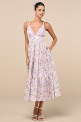 Brightly Blossoming Pink Multi Floral Tiered Midi Dress