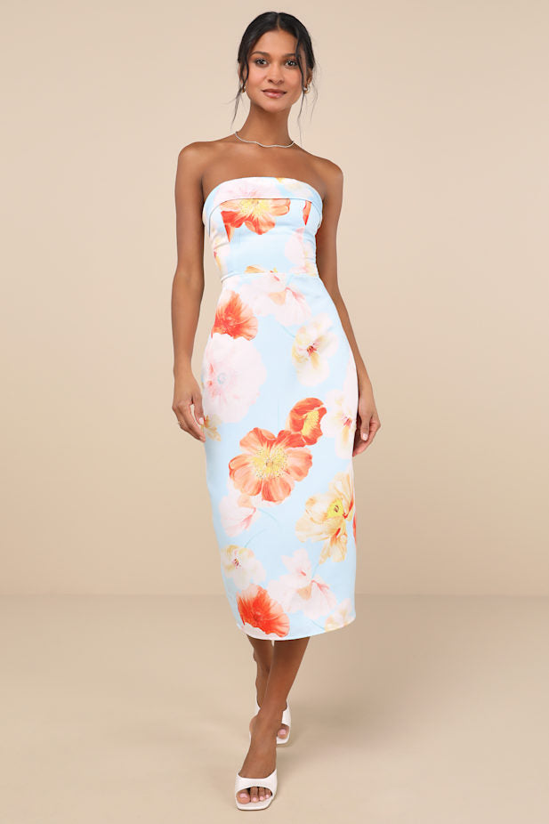 Oriana Light Blue Floral Satin Strapless Midi Dress