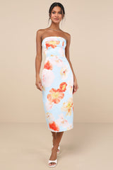 Oriana Light Blue Floral Satin Strapless Midi Dress