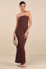 Koko Brown Ribbed Knit Strapless Maxi Dress