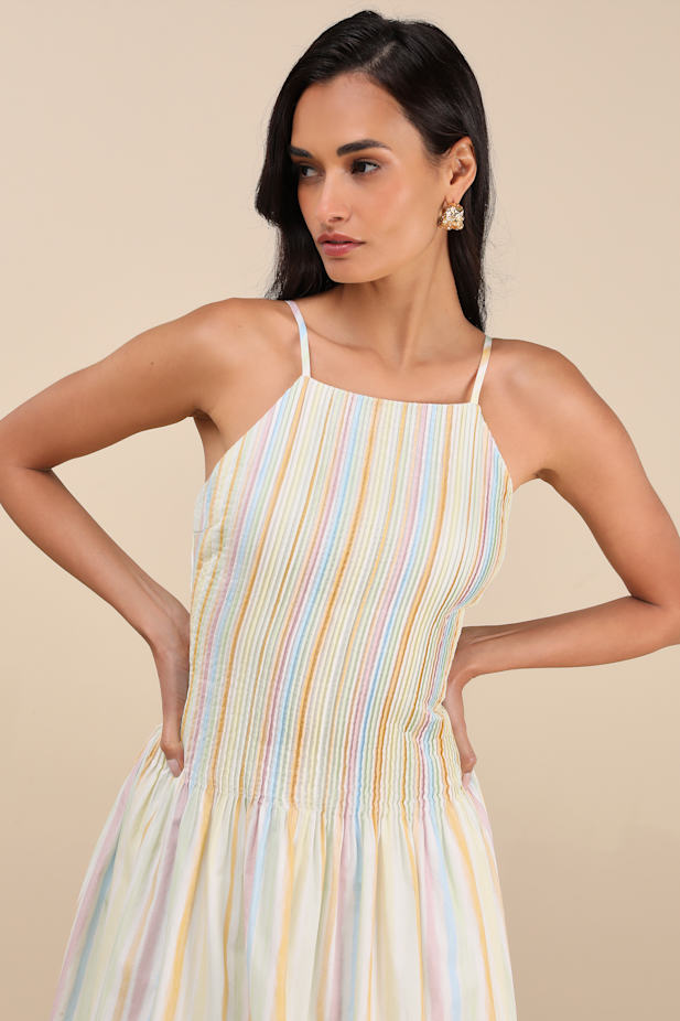 Jalessa Light Yellow Multi Striped Drop Waist Midi Dress
