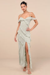 Elara Light Sage Ruffled Maxi Dress