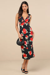 Clarrie Black Floral Crinkle Satin Ruffled Midi Dress