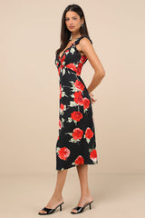 Clarrie Black Floral Crinkle Satin Ruffled Midi Dress