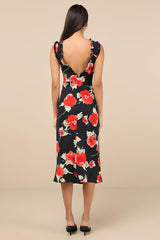 Clarrie Black Floral Crinkle Satin Ruffled Midi Dress