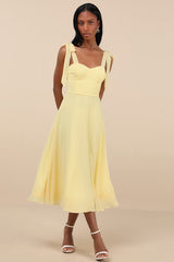 Sophisticated Charisma Light Yellow Tie-Strap A-Line Midi Dress